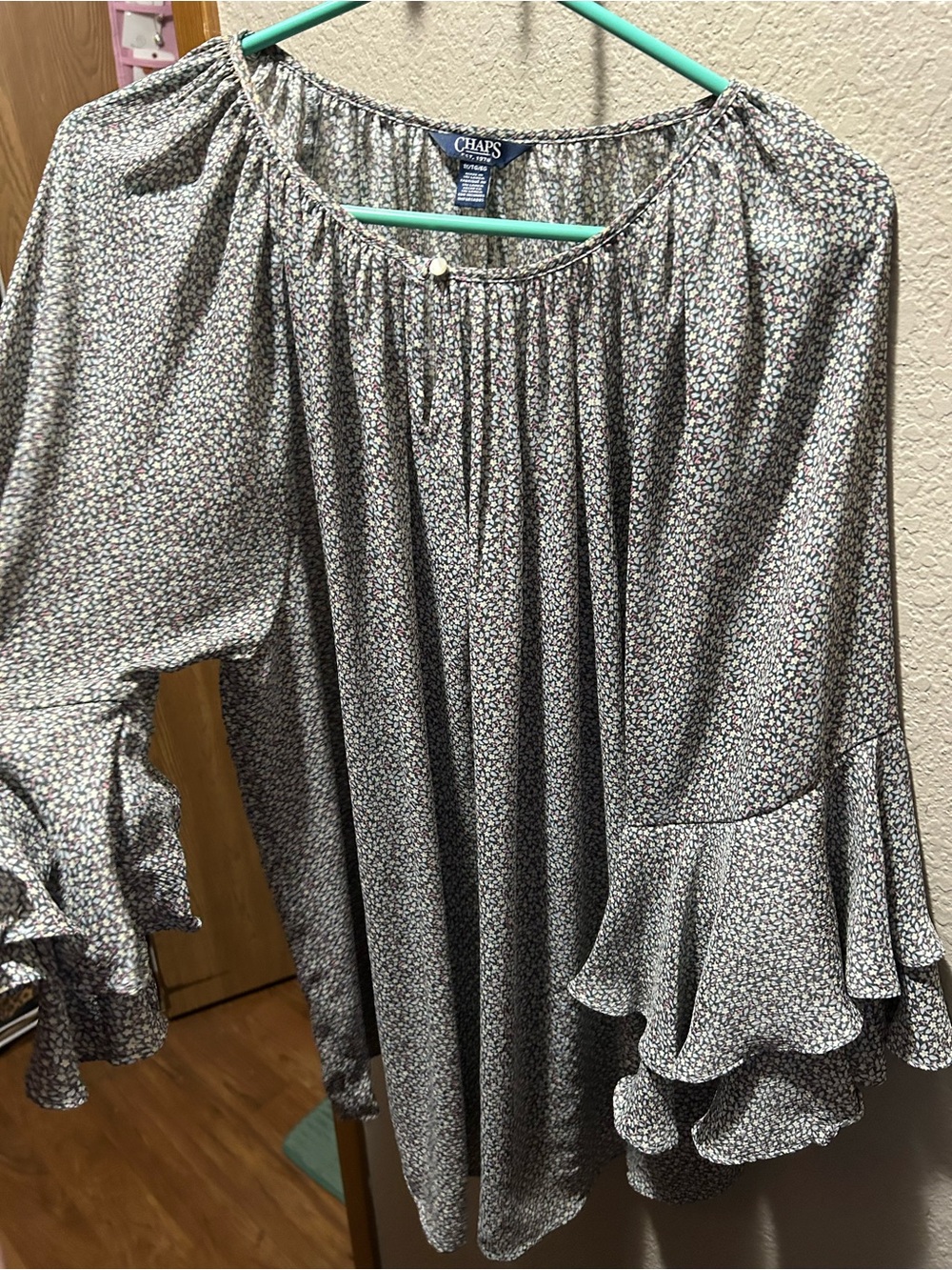 Chaps Micro Floral Ruffle Sleeve Blouse - Picture 6 of 9